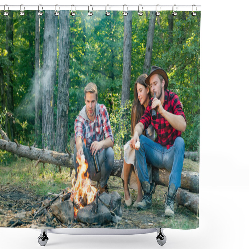 Personality  Happy Friends Enjoying Bonfire In Nature. Romantic Picnic Forest. Weekend Hike. Friends Sit On Forest Picnic. Friends Relaxing Near Campfire After Day Hiking Or Gathering Mushrooms. Shower Curtains