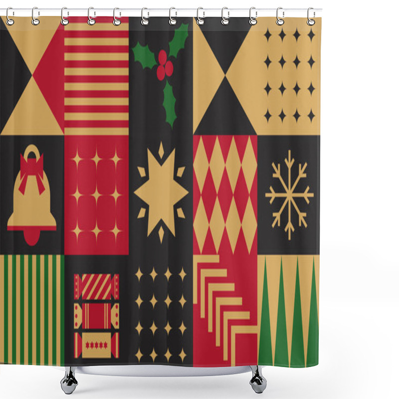 Personality  Scandinavian-inspired Vector Pattern Featuring Geometric Christmas Elements Like Bells, Stars, And Holly. Great For Holiday Decor And Print Projects. Shower Curtains