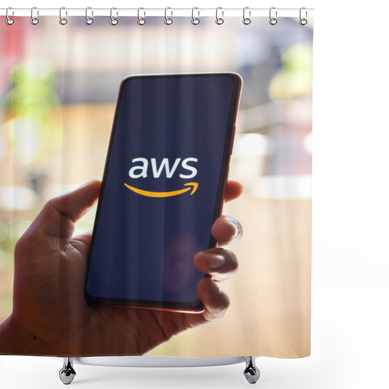 Personality  West Bangal, India - December 05, 2021 : Amazon Web Services Logo On Phone Screen Stock Image. Shower Curtains