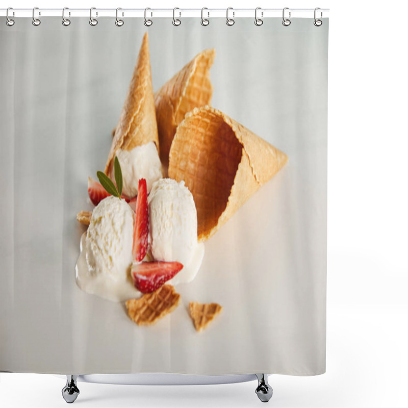 Personality  Waffle Cones And Delicious Melting Ice Cream With Strawberries On Grey Table Shower Curtains