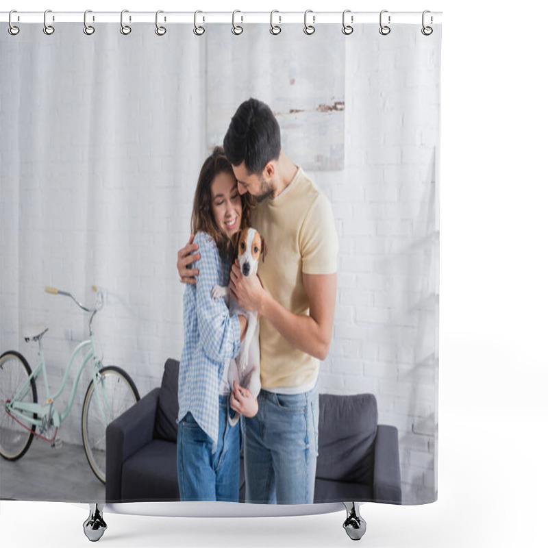 Personality  Happy Multiethnic Couple Hugging With Jack Russell Terrier In Modern Living Room Shower Curtains