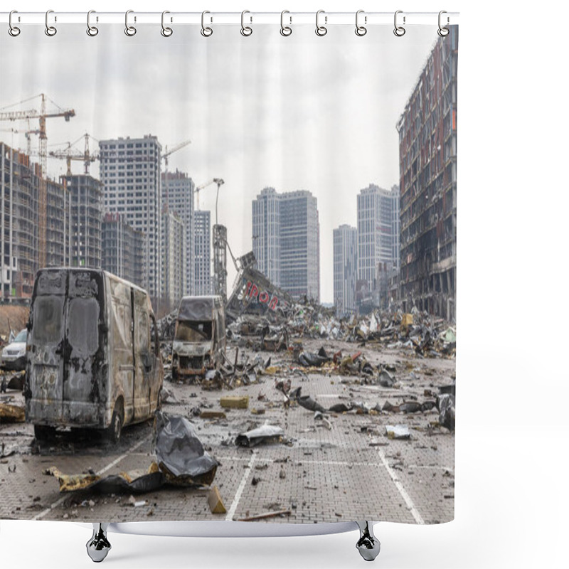 Personality  KYIV, UKRAINE - Mar. 29, 2022: War In Ukraine. Shopping Center That Was Damaged By Shelling On 21 March By A Russian Attack In Kyiv, Where According To Emergency Service, At Least Six People Died Shower Curtains