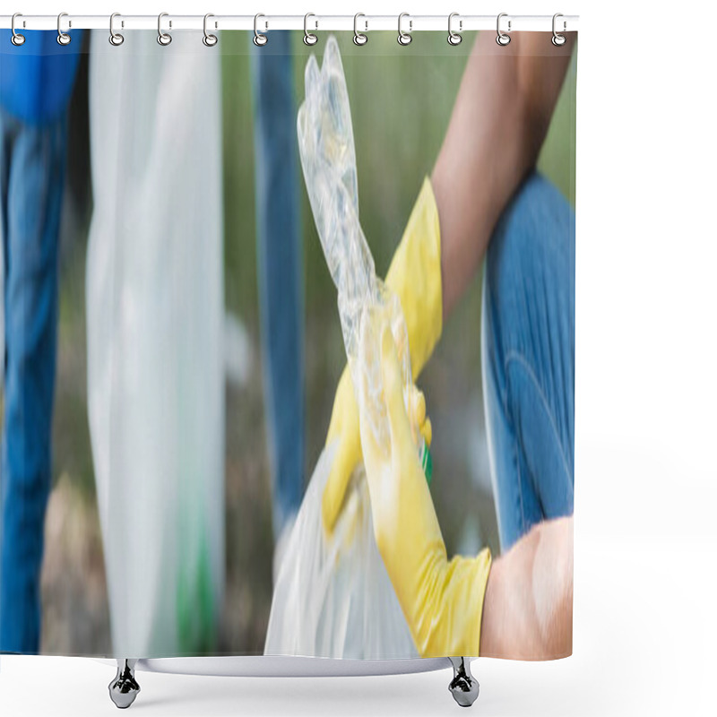 Personality  Cropped View Of Man In Rubber Gloves Holding Plastic Bottle Near Family On Blurred Background, Ecology Concept, Banner Shower Curtains