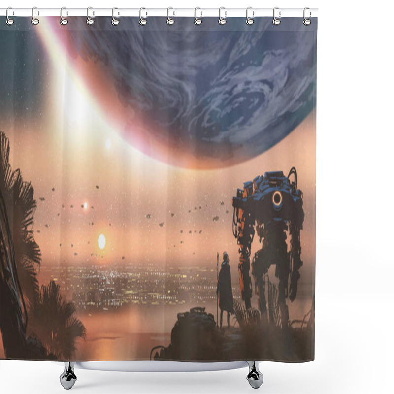 Personality  Journey Concept Showing A Man With Robot Looking At A New Colony In The Alien Planet, Digital Art Style, Illustration Painting Shower Curtains