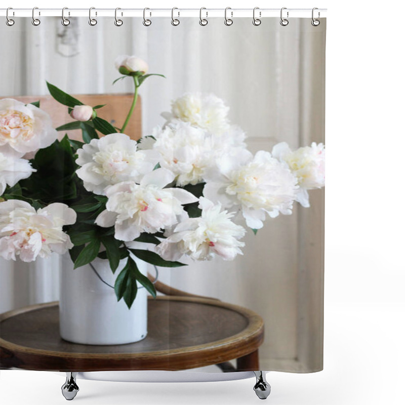 Personality  Bouquet Of White And Pale Pink Peonies In Minimal White Interior Design.  Shower Curtains