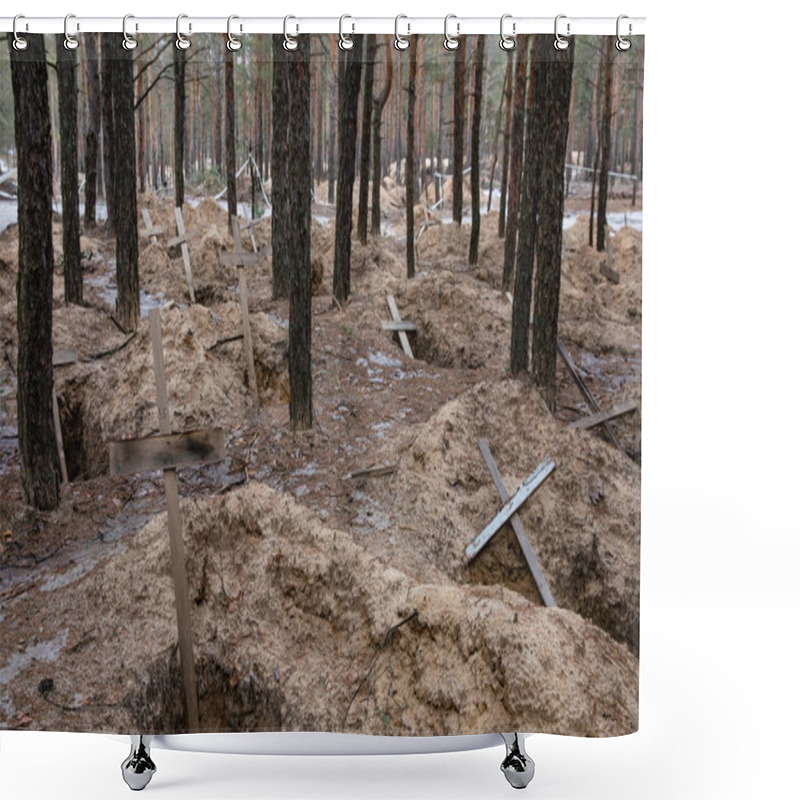 Personality  IZIUM, UKRAINE - Mar. 03, 2023: Crosses Are Seen At A Forest Grave Site After An Exhumation In The Town Of Izium, Recently Liberated By Ukrainian Forces, In The Kharkiv Region, Ukraine. Shower Curtains