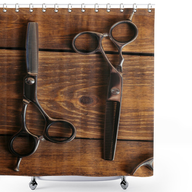 Personality  Top View Of Professional Scissors On Wooden Surface In Barbershop  Shower Curtains