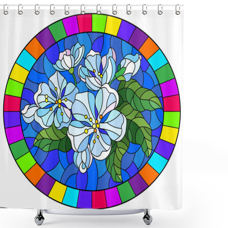 Personality  Illustration In Stained Glass Style With A Branch Of Cherry Blossoms, Flowers, Buds And Leaves On A Blue Background, Oval Image In Bright Frame Shower Curtains