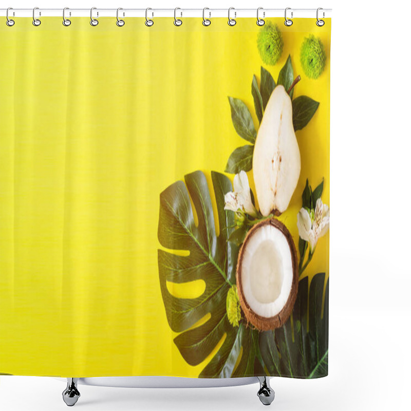 Personality  Summer Tropical Theme Background Or Template With A Space For A Text, Various Fruits, Green Leaves And Flowers   Shower Curtains