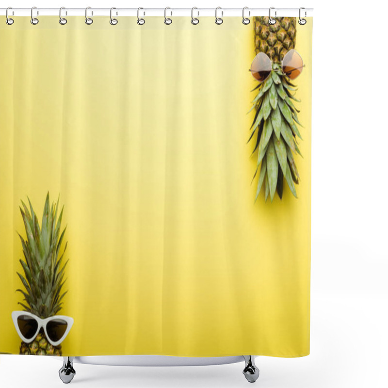 Personality  Top View Of Ripe Pineapples In Sunglasses On Yellow Background Shower Curtains