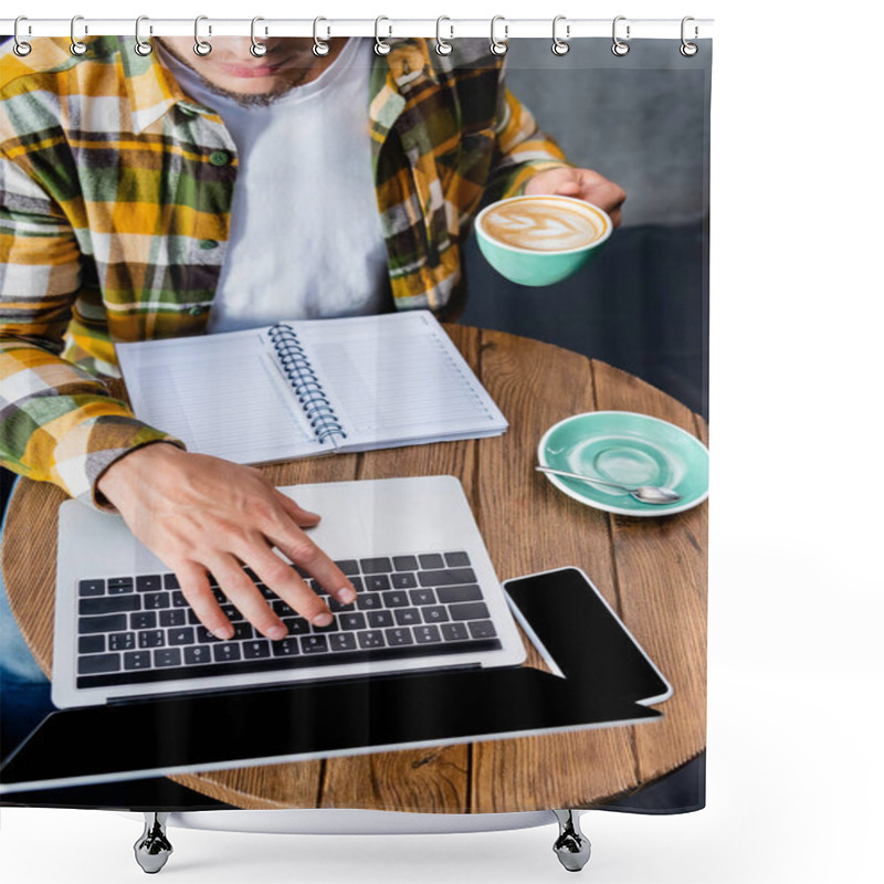 Personality  Partial View Of Freelancer Typing On Laptop And Holding Cup Of Coffee With Latte Art Shower Curtains