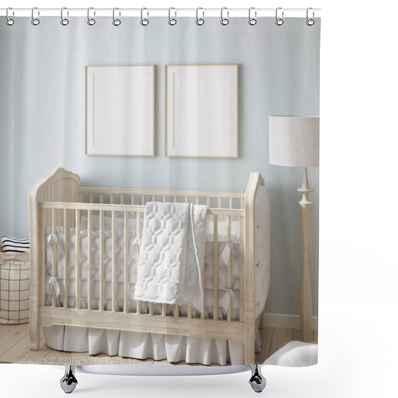 Personality  Mock Up Frame In Boy Nursery With Natural Wooden Furniture, 3D Render Shower Curtains