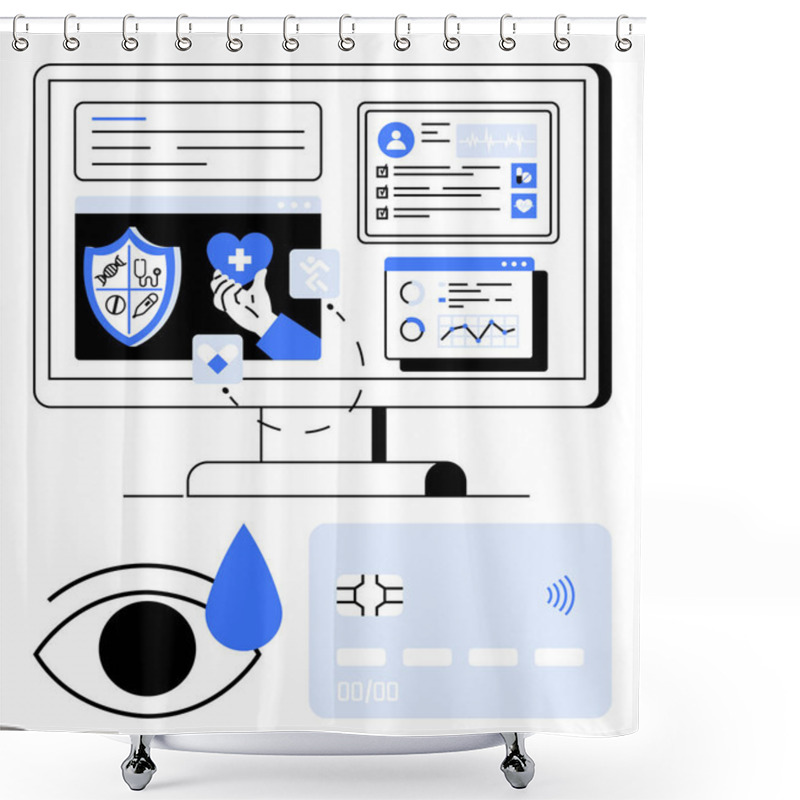 Personality  Computer Screen Showing Medical Data, Health Apps, And Analytics. Eye Monitors Security. Credit Card And Water Drop Hint Data Privacy, Finance, And Hygiene. Ideal For Healthcare, Technology Shower Curtains