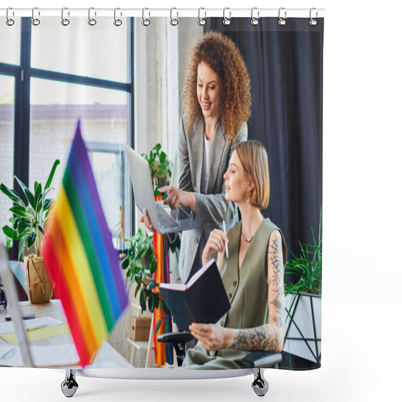 Personality  Two Team Members Discuss Creatively Amid Vibrant Decor That Promotes Inclusivity. Shower Curtains