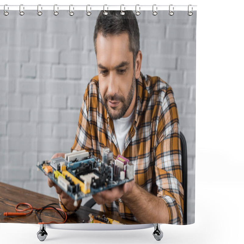 Personality  Serious Handsome Computer Engineer Holding Motherboard Shower Curtains