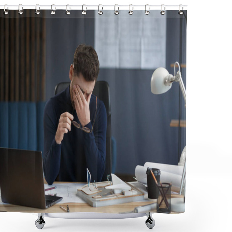 Personality  Tired Architect Working Overtime In Office. Stressed Businessman Have Financial Problems And Searching Ideas To Overcome Financial Crisis. Entrepreneur In Bankruptcy. Burnout And Overwork Concept Shower Curtains