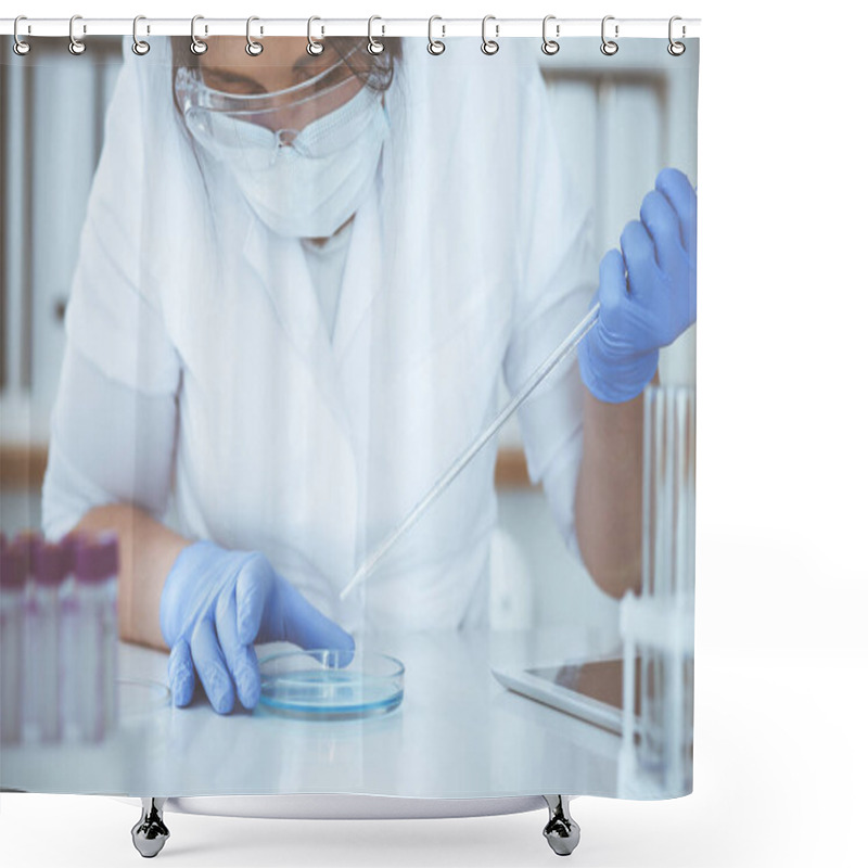 Personality  Close-up Of Professional Female Scientist In Protective Eyeglasses Making Experiment With Reagents In Laboratory. Medicine And Research Concept Shower Curtains