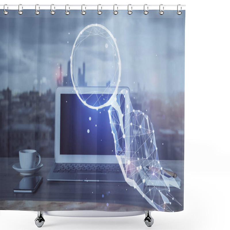 Personality  Desktop Computer Background In Office And Start Up Theme Hologram Drawing. Double Exposure. Startup Concept. Shower Curtains