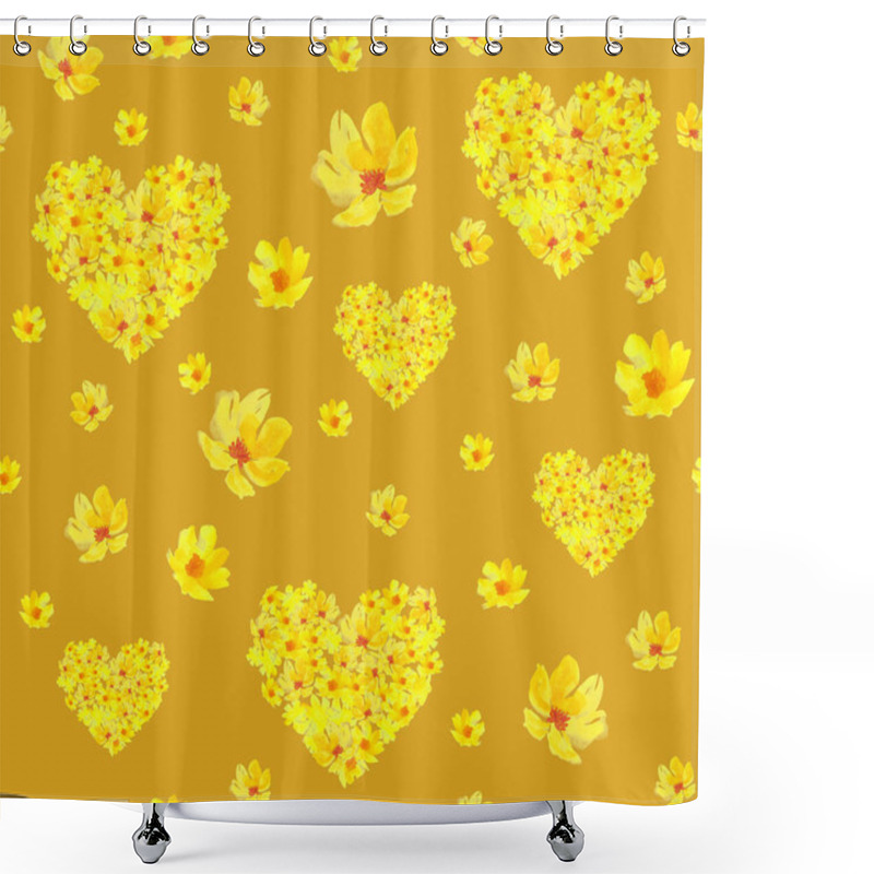 Personality  Vibrant Yellow Floral Pattern With Heart Shapes Set Against A Golden Background Shower Curtains