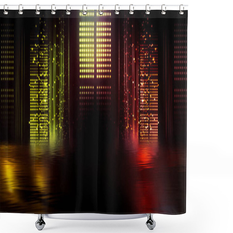 Personality  Light Neon Effect, Energy Waves On A Dark Abstract Background. Laser Colorful Neon Show. Reflection Of Light In The Water. Smoke, Fog. Neon Lights Of The Night City. 3d Illustration Shower Curtains