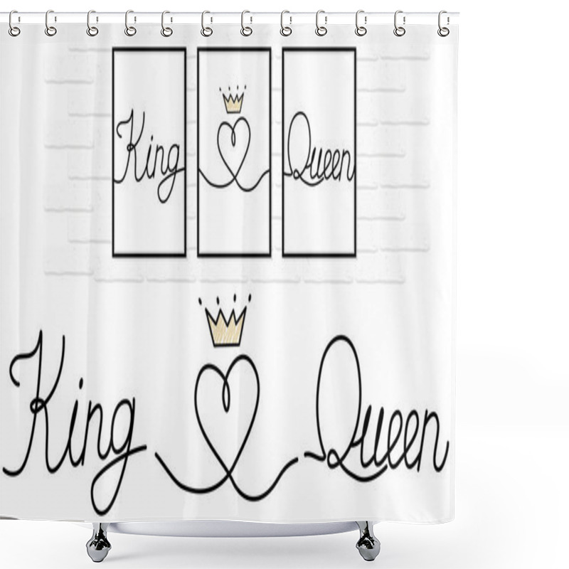 Personality  King Love Queen Written Black Ink On White Pure Paper. Lines Connected To Little Heart. Couple Design Decoration With Crown. Minimal Vector Wedding Logo. Canvas Printing. Gift For Valentine's Day Shower Curtains