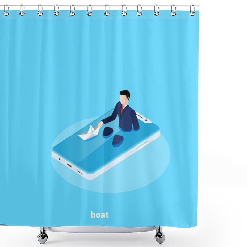 Personality  A Man In A Business Suit Sits In The Smartphone's Screen As In The Bathroom And Launches A Paper Boat, An Isometric Image Shower Curtains