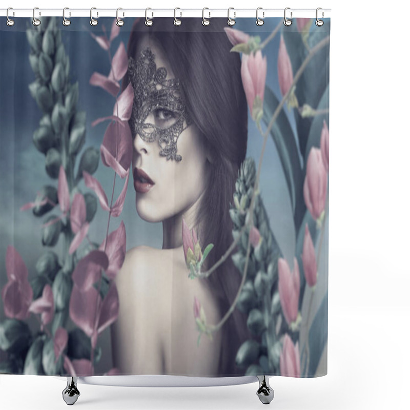 Personality  Surreal Portrait Of Beautiful Young Woman With Lace Mask In Fantasy Garden Shower Curtains