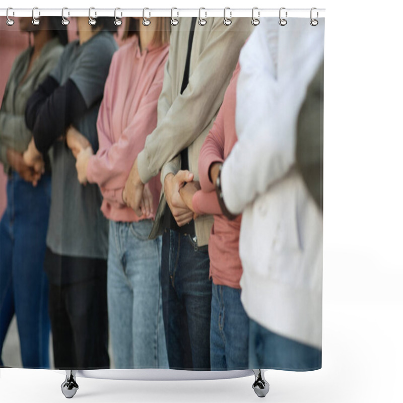 Personality  Group Of Protestors Standing Together Holding Hands In Picket Shower Curtains