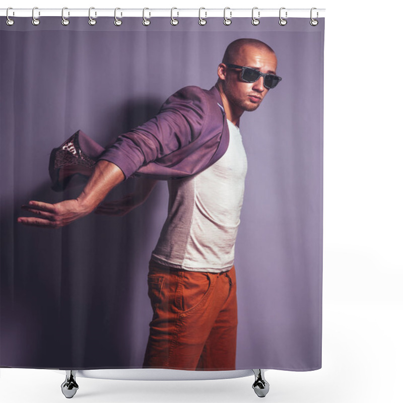 Personality  Young Handsome Man In Trendy Glasses, Purple Jacket, White Under Shower Curtains