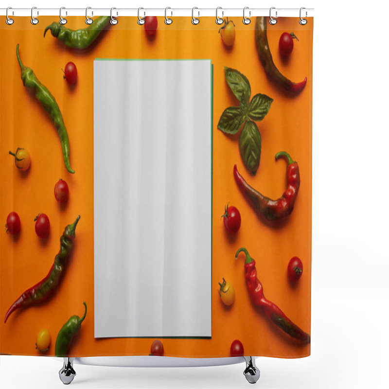 Personality  Top View Of Blank Card And Fresh Tomatoes With Basil And Peppers On Orange Shower Curtains