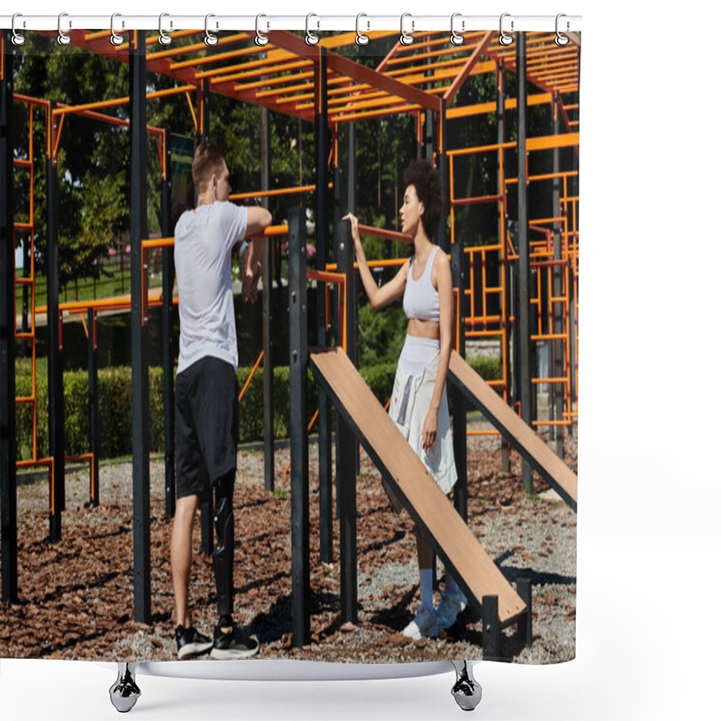 Personality  Two Friends Collaborate In An Outdoor Workout, Exemplifying Resilience And Support In A Vibrant Environment, Man With Prosthetic Leg Shower Curtains