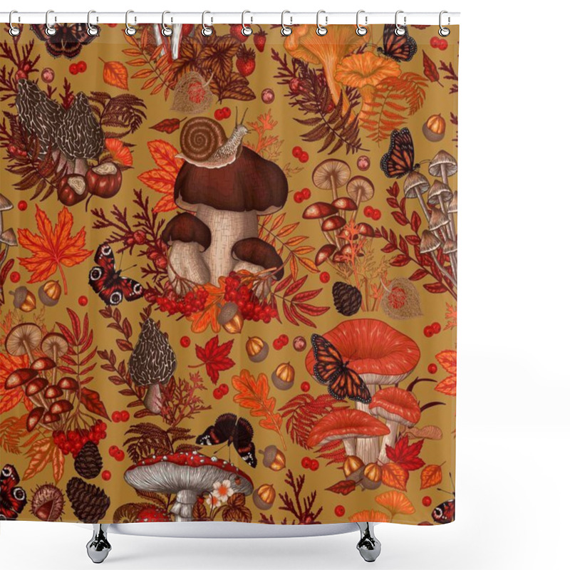 Personality   Seamless Pattern With Mushrooms, Plants, Insects, Berries. Fly Agaric, Chanterelles, White Mushroom, Honey Agaric, Boletus, Morel, Russula, Snail, Strawberry, Fern, Butterflies Shower Curtains