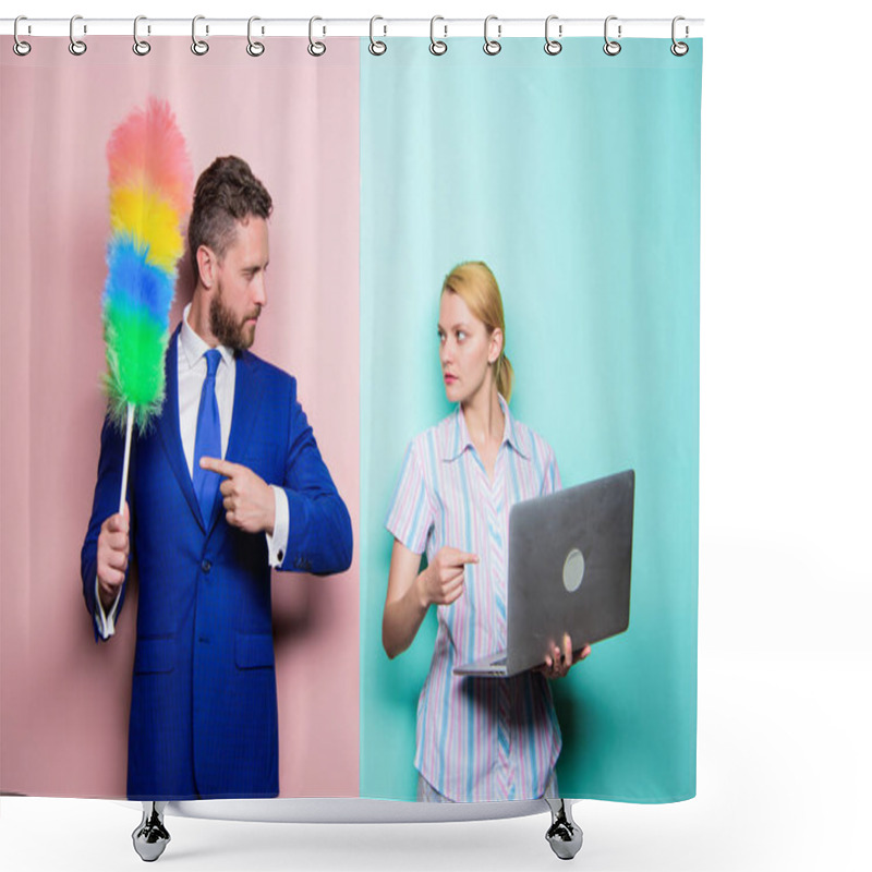 Personality  Changing Their Family Roles. Family Couple. Businessman And Housewife. Husband Stand With Dust Brush While Wife Holding Laptop. Couple Of Handsome Man And Pretty Woman. Housekeeping Or Business. Shower Curtains