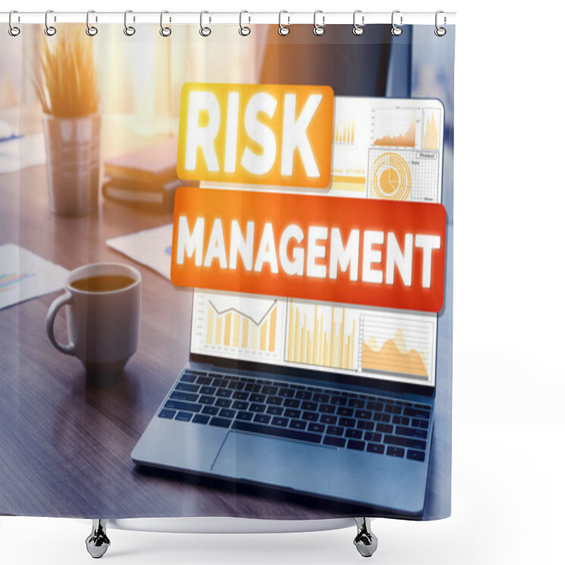 Personality  Risk Management And Assessment For Business Investment Concept. Modern Graphic Interface Showing Symbols Of Strategy In Risky Plan Analysis To Control Unpredictable Loss And Build Financial Safety. Shower Curtains