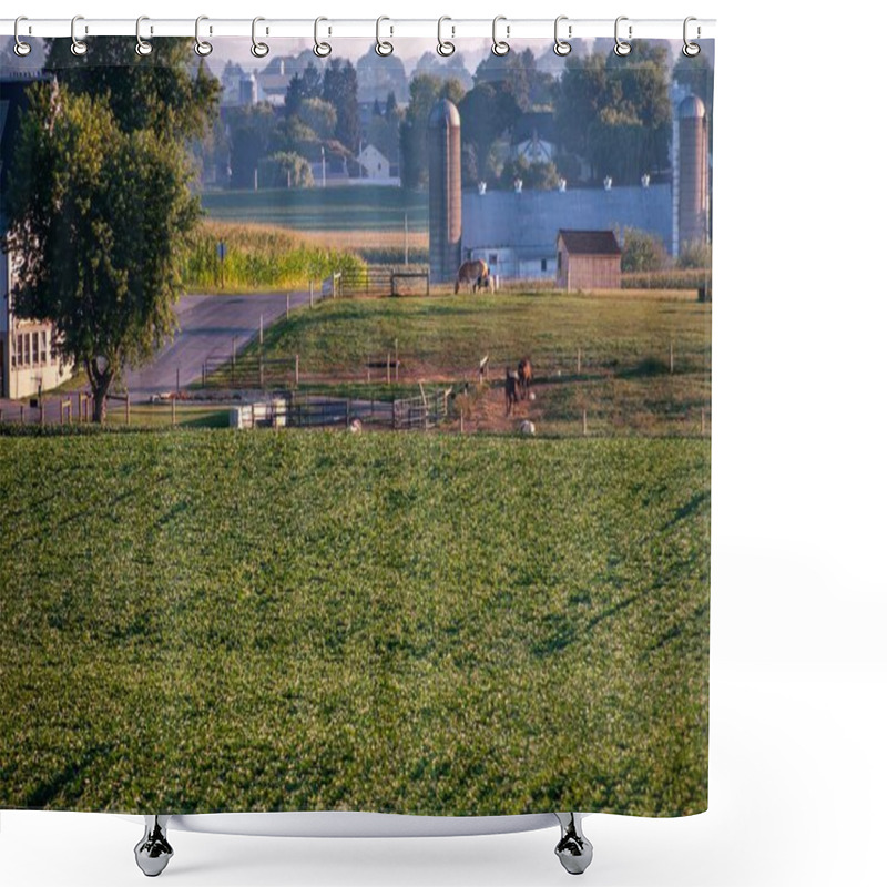 Personality  First Light Bathes A Horse Paddock Adjacent To A Vibrant Soybean Field, Capturing A Tranquil Moment On A Farm With Animals Grazing, Perfect For Themes Of Rural Living And Animal Husbandry. Shower Curtains