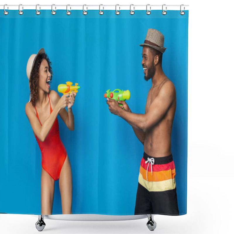 Personality  Happy African American Guy And Girl Shooting Each Other With Water Guns Shower Curtains