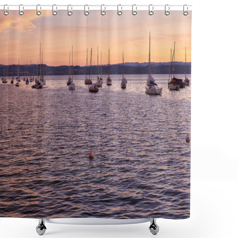 Personality  Experience The Tranquility Of A Sunset Over A Lake With A Pier Extending Into The Calm Water, Surrounded By Sailboats Gently Bobbing On The Surface. This Serene Waterfront Scene Captures The Beauty Of Shower Curtains