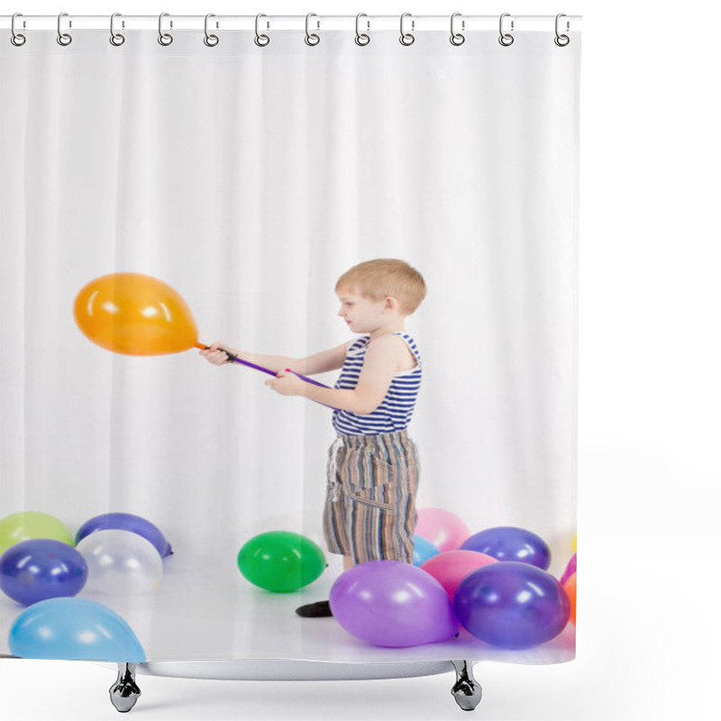 Personality  The Little Boy Inflates The Balloon On The White Background Shower Curtains