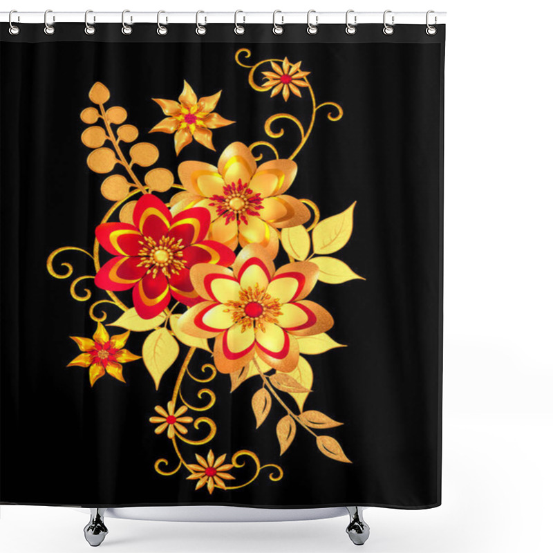 Personality  Floral Arrangement, Stylized Golden Leaves And Flowers, Shiny Berries, Delicate Curls, Geometric Shape, Paisley Elements, Isolated On A White Background. 3d Rendering Shower Curtains