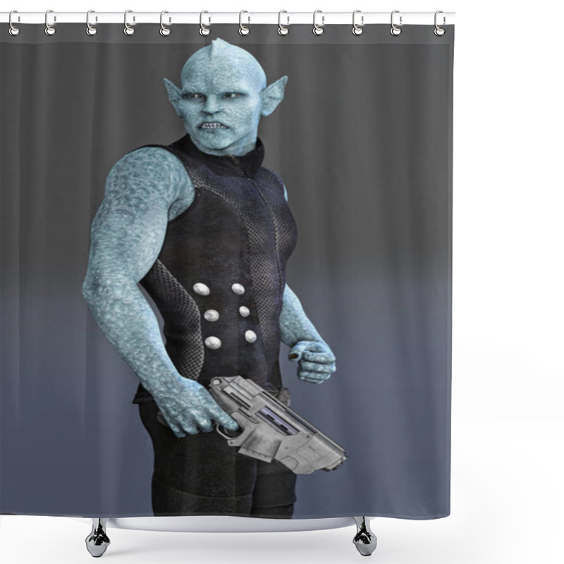 Personality  Closeup Render Of An Alien Man Holding A Gun And Looking To The Side Shower Curtains