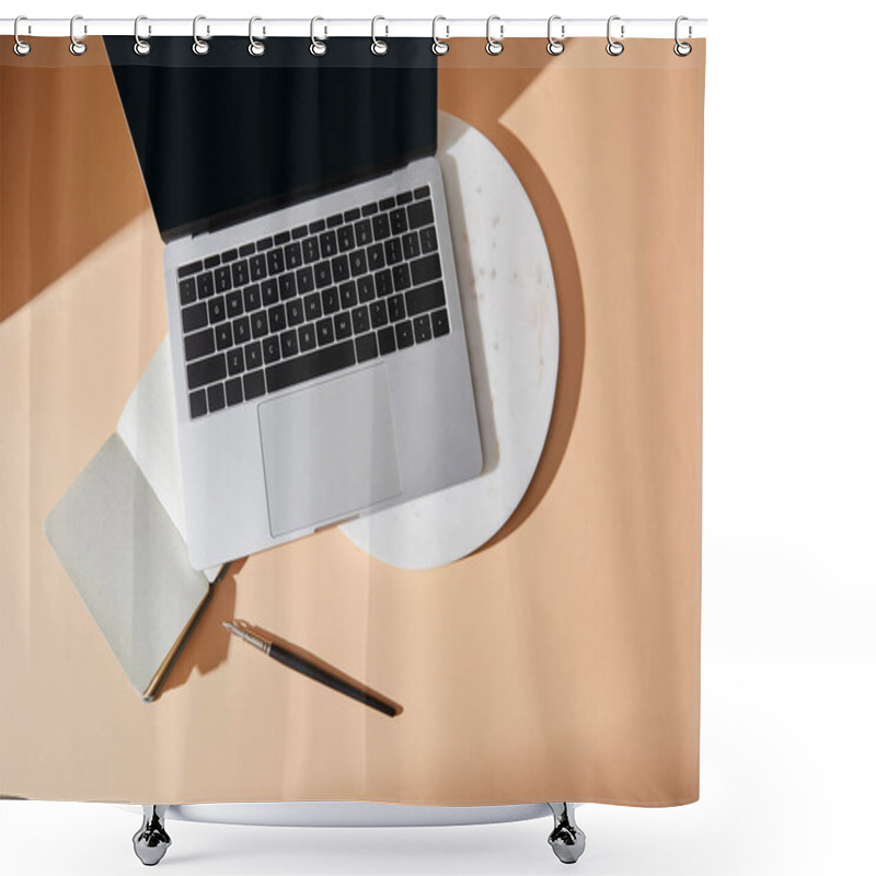 Personality  Top View Of Laptop On Marble Board, Copybook And Paintbrush On Beige Background Shower Curtains