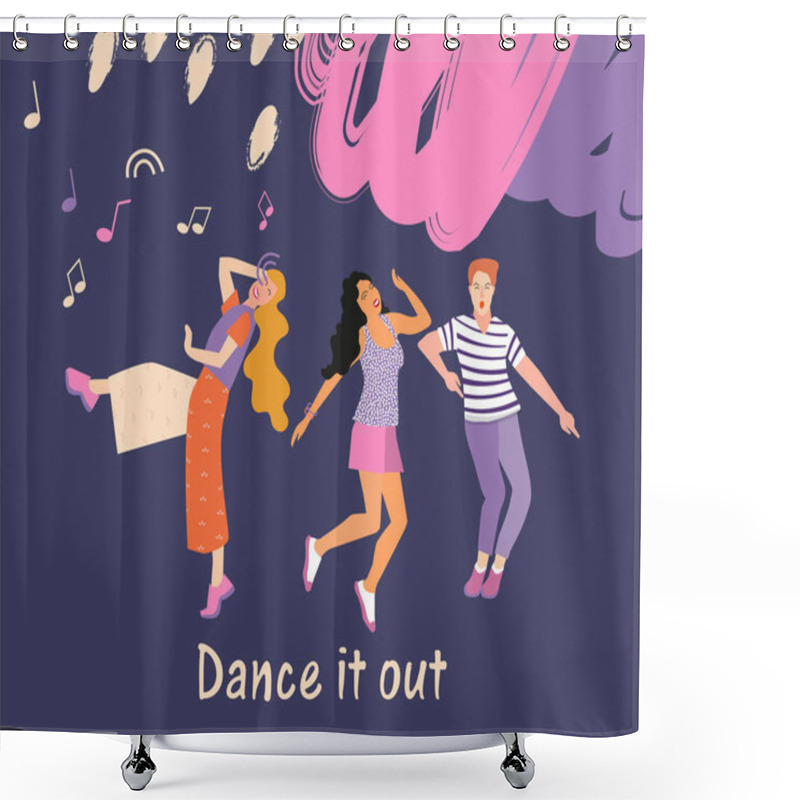 Personality  Dancing Young People At A Party, Men And Women Moving To The Music. Joyful Emotions. Vector Illustration Shower Curtains