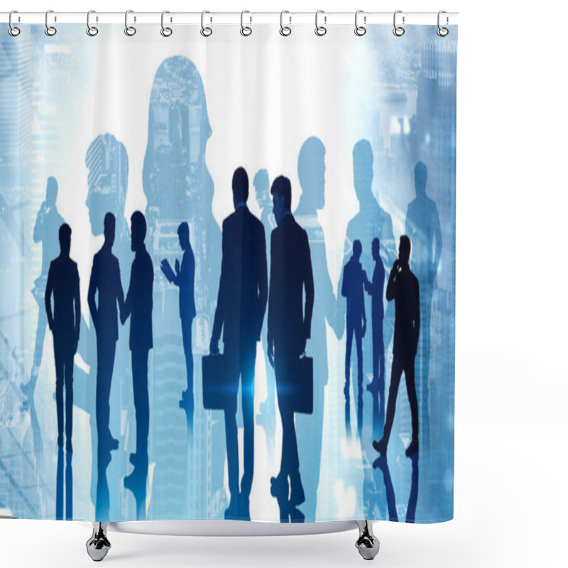 Personality  Corporate Lifestyle Concept. Silhouettes Of Diverse Business People In Abstract City With Double Exposure Of Blurry Cityscape. Toned Image Shower Curtains