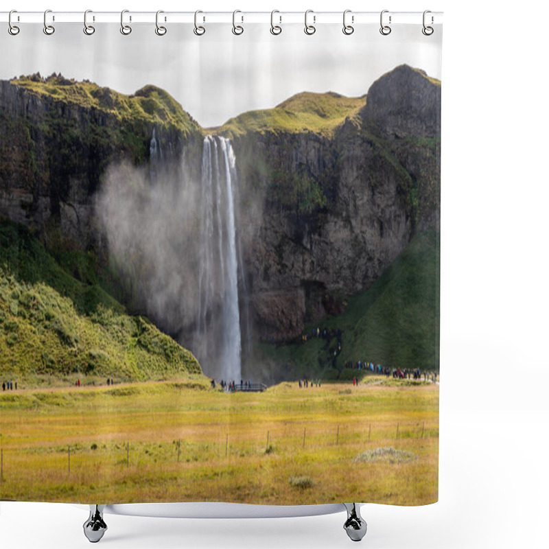 Personality  Aerial View Of Serene Seljalandsfoss Waterfall Cascades Over Lush Greenery, Surrounded By Dramatic Cliffs Under A Breathtakingly Vibrant Sunset Sky In Area Of Golden Circle In Iceland Shower Curtains