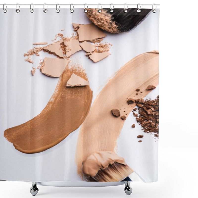 Personality  Top View Of Cosmetic Brushes With Face Foundation Brushstrokes And Powder On White Shower Curtains