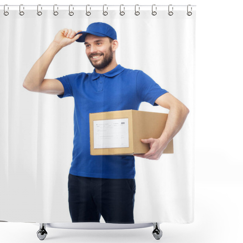 Personality  Happy Delivery Man With Parcel Box Shower Curtains