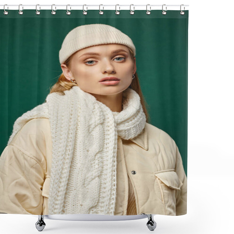 Personality  Trendy Woman In Warm Jacket And Knitted Scarf With Beanie Hat On Green Backdrop, Winter Fashion Shower Curtains