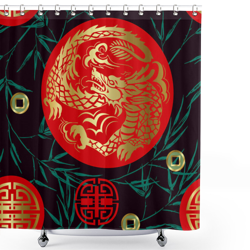 Personality  Seamless Pattern In Chinese Style With Dragon And Bamboo Twigs Shower Curtains