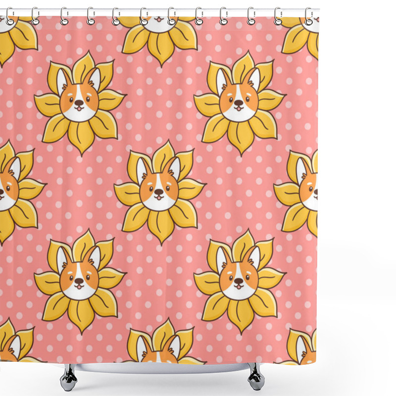 Personality  Cute Seamless Pattern With Corgi Dog Peeks Out Of A Sunflower, On A Pink Background. It Can Be Used For Packaging, Wrapping Paper, Textile, Home Decor Etc. Shower Curtains