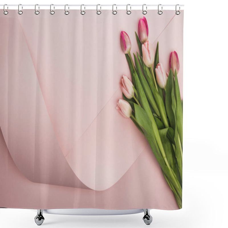 Personality  Top View Of Pink And Purple Tulips Near Paper Swirl On Pink Background Shower Curtains